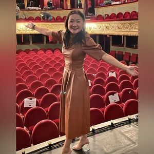 En saison brown faux leather midi dress.